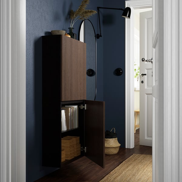 BESTÅ wall cabinet with 2 doors, black-brown Björköviken/brown stained oak veneer, 60x22x128 cm