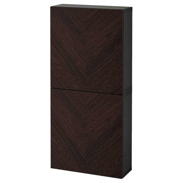 BESTÅ wall cabinet with 2 doors, black-brown Hedeviken/dark brown stained oak veneer, 60x22x128 cm