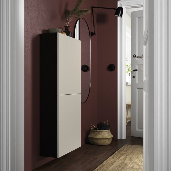 BESTÅ wall cabinet with 2 doors, black-brown/Lappviken light grey-beige, 60x22x128 cm