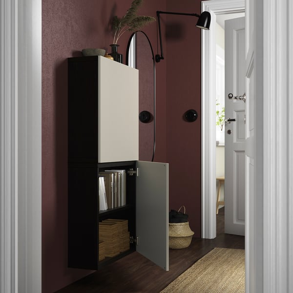 BESTÅ wall cabinet with 2 doors, black-brown/Lappviken light grey-beige, 60x22x128 cm