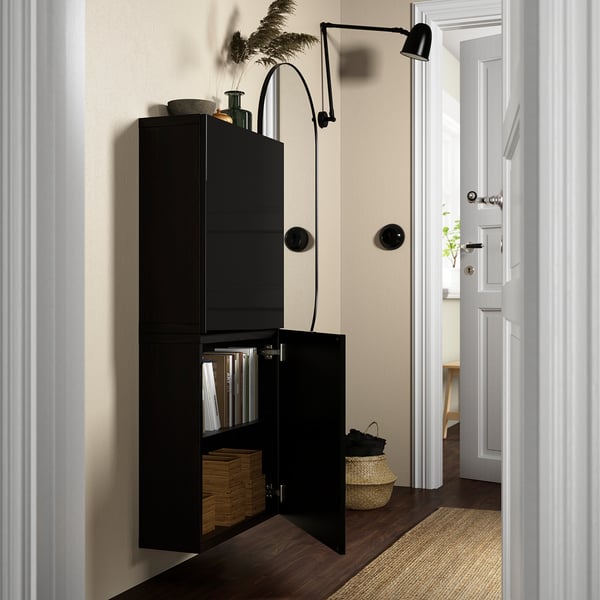 BESTÅ wall cabinet with 2 doors, black-brown/Selsviken high-gloss/black, 60x22x128 cm