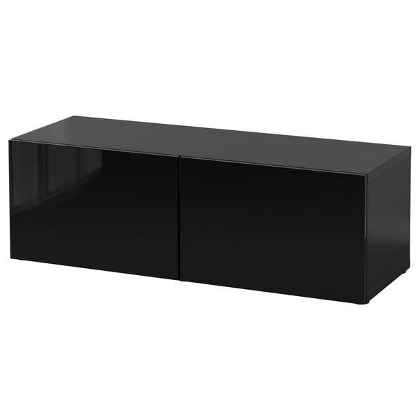 BESTÅ shelf unit with doors, black-brown/Selsviken high-gloss/black, 120x42x38 cm