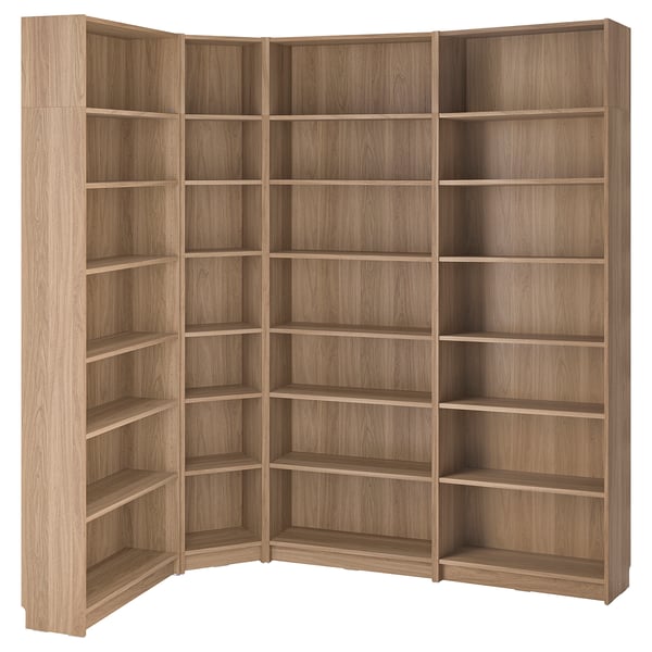 BILLY bookcase corner comb w ext units, oak effect, 215/135x28x237 cm
