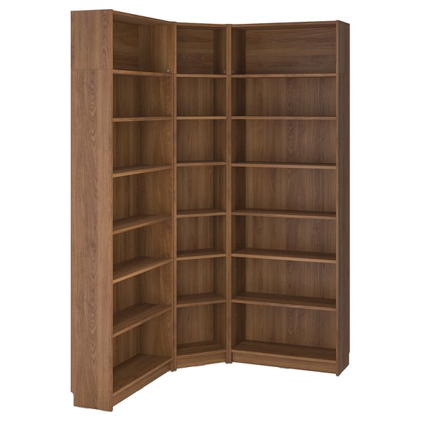 BILLY bookcase corner comb w ext units, brown walnut effect, 136/136x28x237 cm
