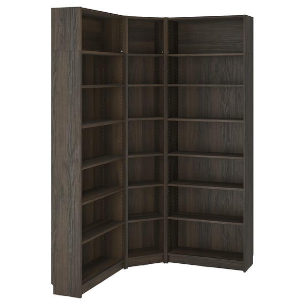 BILLY bookcase corner comb w ext units, dark brown oak effect, 136/136x28x237 cm