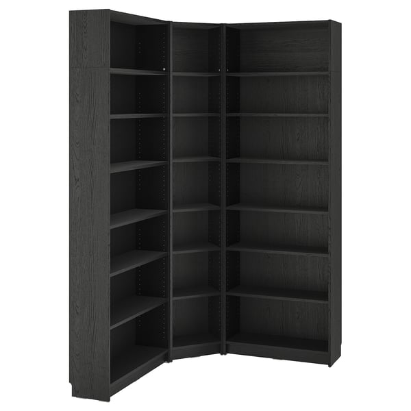 BILLY bookcase corner comb w ext units, black oak effect, 136/136x28x237 cm