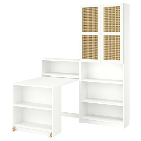 BILLY / HÖGADAL bookcase comb w foldable table, white/woven bamboo, 160x202 cm