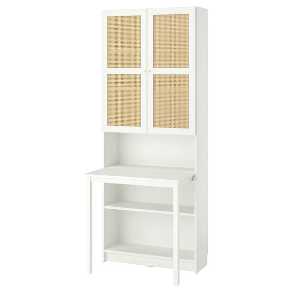 Ikea BILLY / HÖGADAL - Bookcase with desk, white/woven bamboo, 80x202 cm