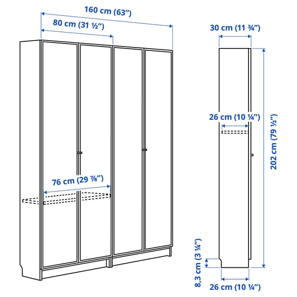 BILLY / HÖGBO bookcase combination w glass doors, white, 160x202 cm