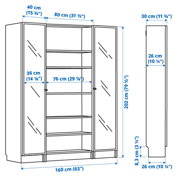 BILLY / HÖGBO bookcase combination w glass doors, white, 160x202 cm