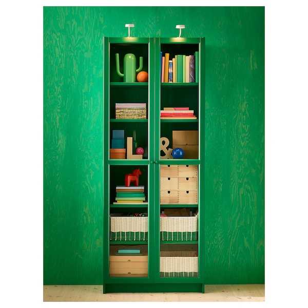 BILLY bookcase with glass-doors, green, 80x30x202 cm