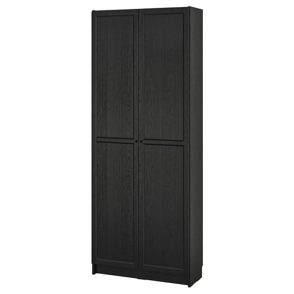 BILLY bookcase with doors, black oak effect, 80x30x202 cm