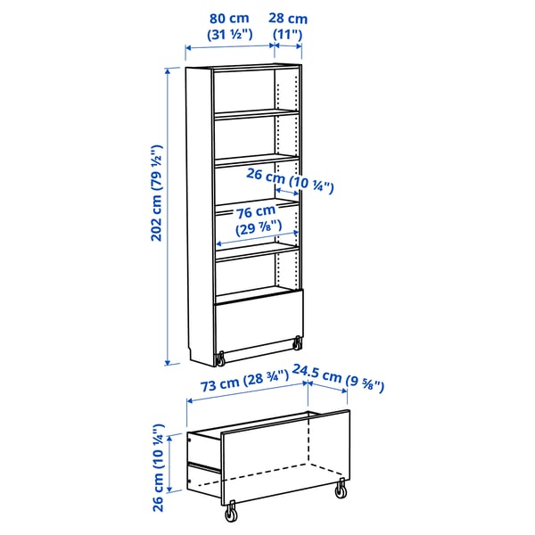 BILLY bookcase with drawer, white, 80x30x202 cm