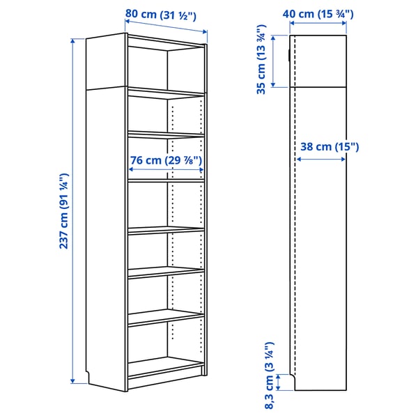 BILLY bookcase with height extension unit, white, 80x39x237 cm