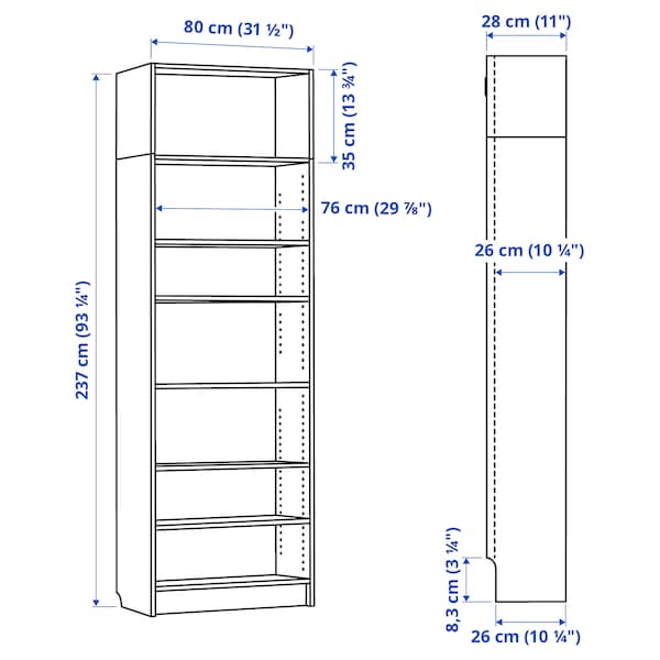 Ikea BILLY - Bookcase with top element, dark brown oak effect,80x28x237 cm
