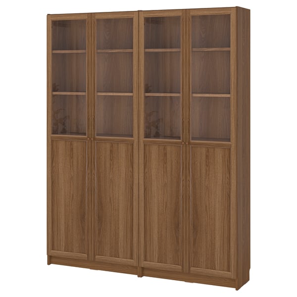 BILLY / OXBERG bookcase comb w panel/glass doors, brown walnut effect, 160x30x202 cm
