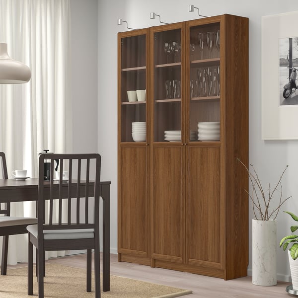 BILLY / OXBERG bookcase comb w panel/glass doors, brown walnut effect, 120x30x202 cm