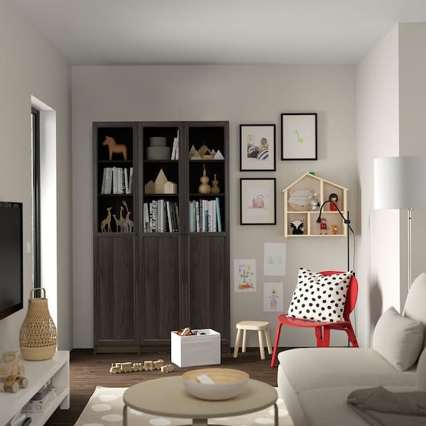 Ikea BILLY / OXBERG - Combinaz bookcases glass doors/pannel, dark brown oak effect,120x30x202 cm