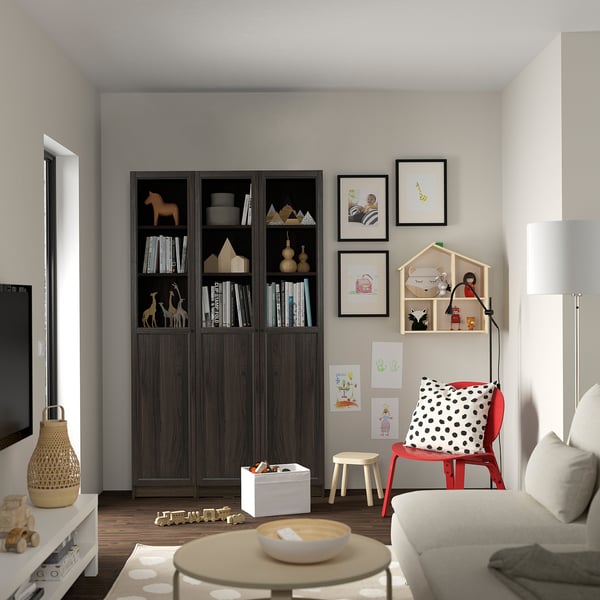 BILLY / OXBERG bookcase comb w panel/glass doors, oak effect dark brown, 120x30x202 cm