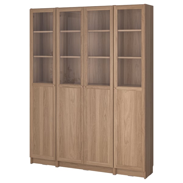 BILLY / OXBERG bookcase comb w panel/glass doors, oak effect, 160x202 cm