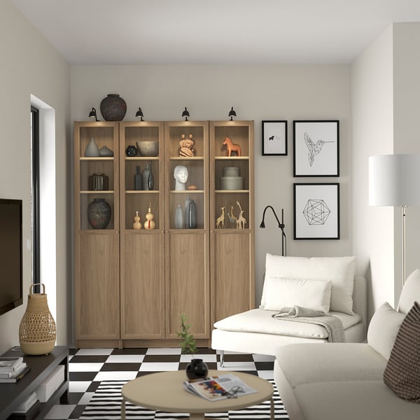 BILLY / OXBERG bookcase comb w panel/glass doors, oak effect, 160x202 cm