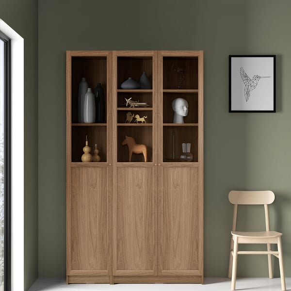 BILLY / OXBERG bookcase comb w panel/glass doors, oak effect, 120x30x202 cm