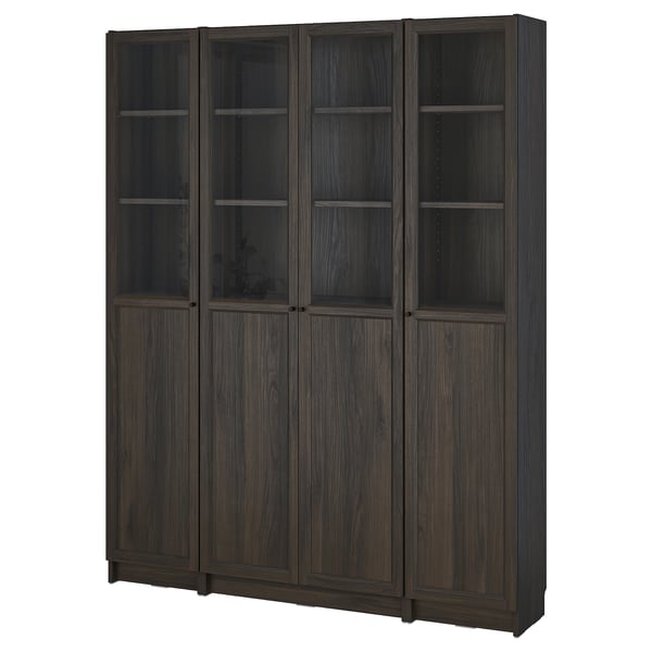 BILLY / OXBERG bookcase comb w panel/glass doors, dark brown oak effect, 160x202 cm
