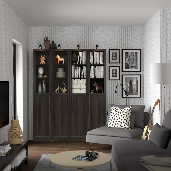 BILLY / OXBERG bookcase comb w panel/glass doors, dark brown oak effect, 160x30x202 cm