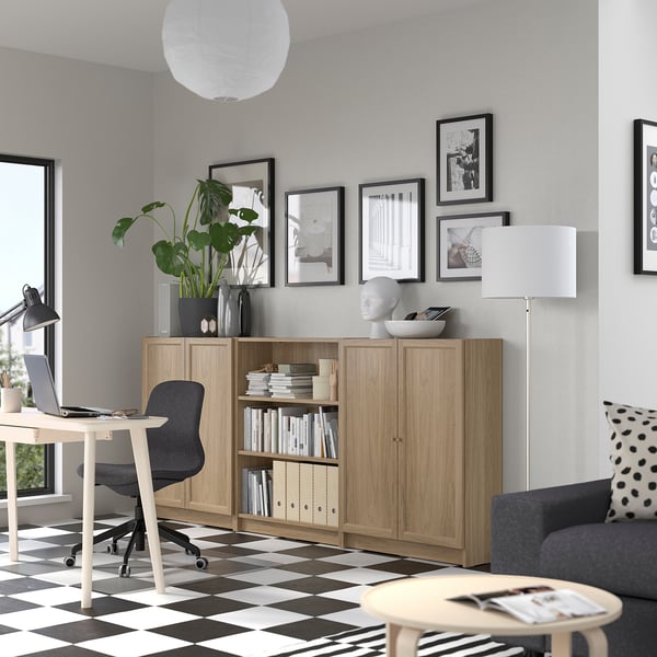 BILLY / OXBERG bookcase combination with doors, oak effect, 240x30x106 cm