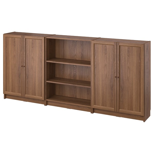 BILLY / OXBERG bookcase combination with doors, brown walnut effect, 240x30x106 cm