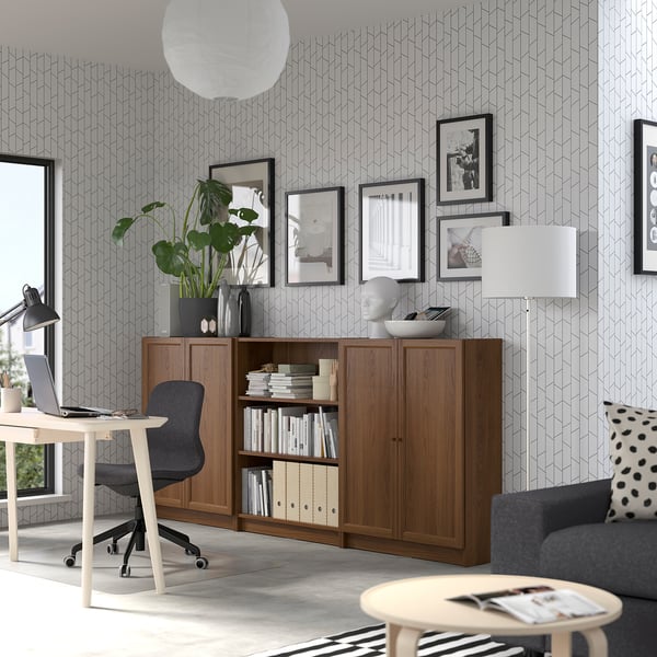 BILLY / OXBERG bookcase combination with doors, brown walnut effect, 240x30x106 cm