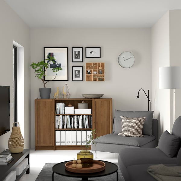 BILLY / OXBERG bookcase combination with doors, brown walnut effect, 160x106 cm