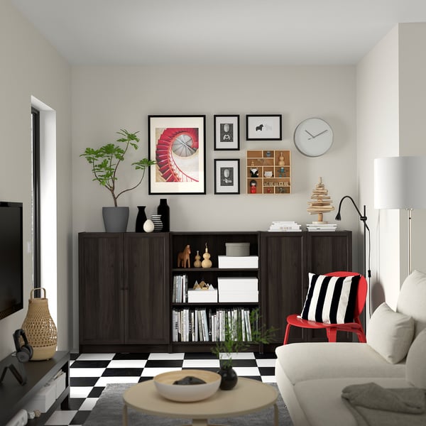 BILLY / OXBERG bookcase combination with doors, dark brown oak effect, 240x30x106 cm