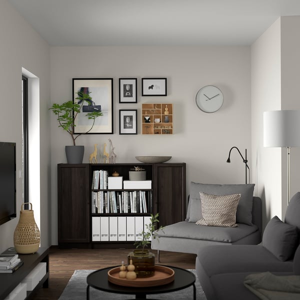 BILLY / OXBERG bookcase combination with doors, dark brown oak effect, 160x106 cm