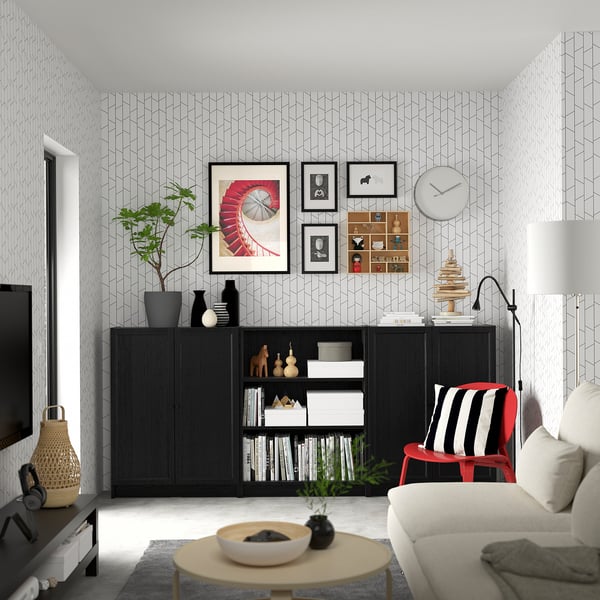 BILLY / OXBERG bookcase combination with doors, black oak effect, 240x30x106 cm