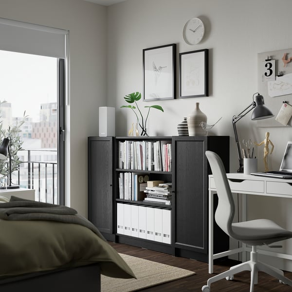 BILLY / OXBERG bookcase combination with doors, black oak effect, 160x106 cm