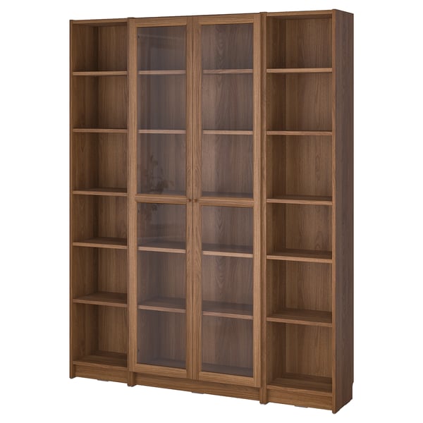 BILLY / OXBERG bookcase combination w glass doors, brown walnut effect, 160x202 cm