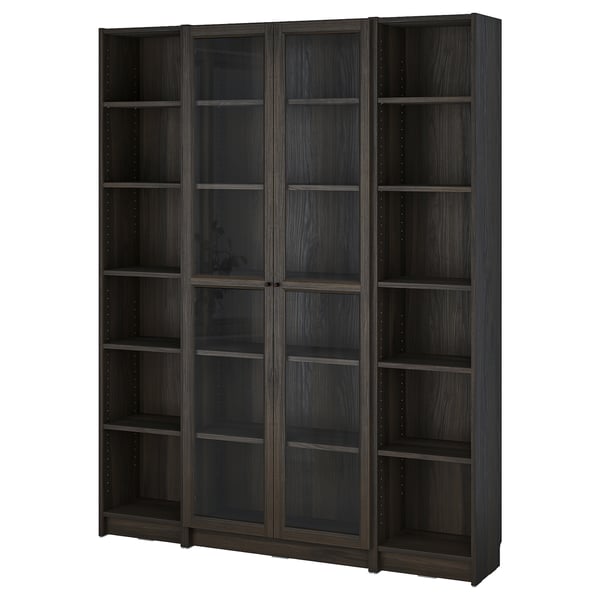 BILLY / OXBERG bookcase combination w glass doors, dark brown oak effect, 160x202 cm