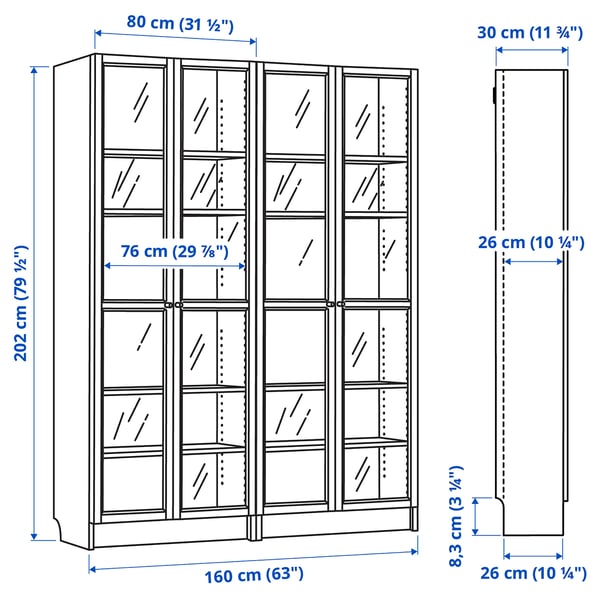 BILLY / OXBERG bookcase combination w glass doors, black oak effect, 160x202 cm