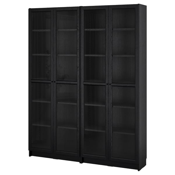 BILLY / OXBERG bookcase combination w glass doors, black oak effect, 160x202 cm