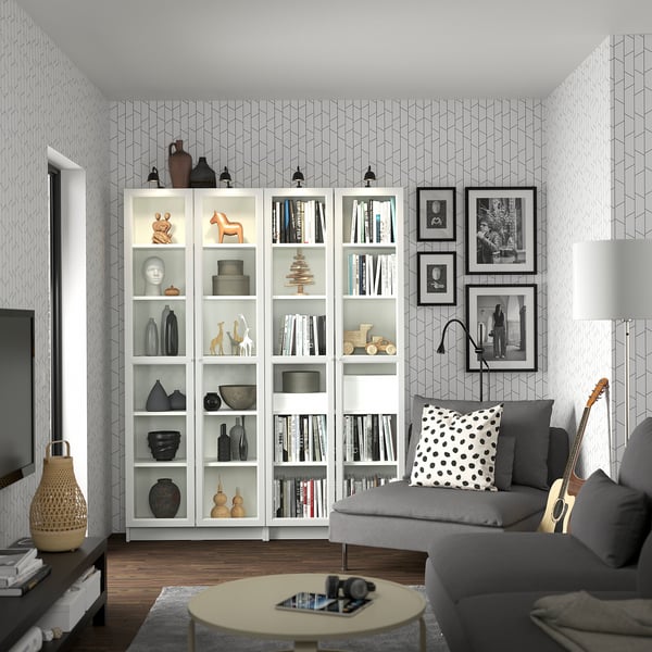 BILLY / OXBERG bookcase, white/glass, 160x30x202 cm