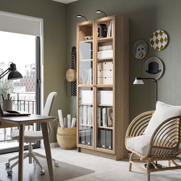 BILLY / OXBERG bookcase with glass doors, oak effect, 80x30x202 cm