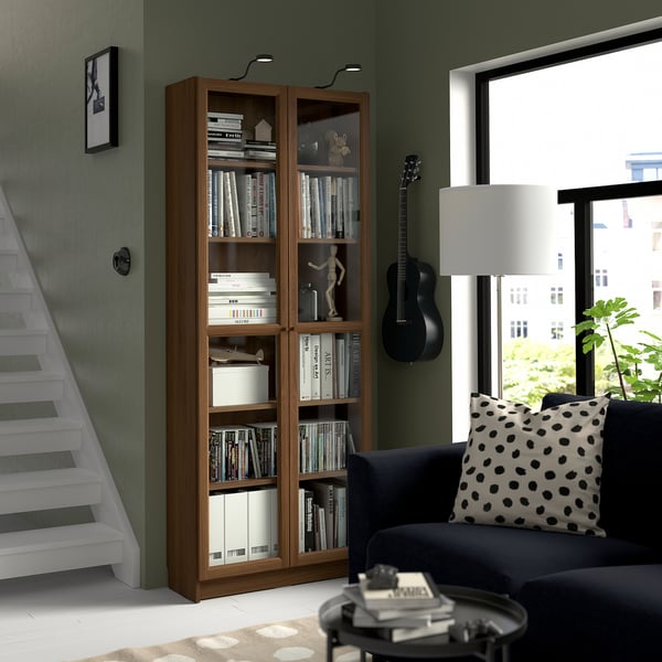 BILLY / OXBERG bookcase with glass doors, brown walnut effect, 80x30x202 cm