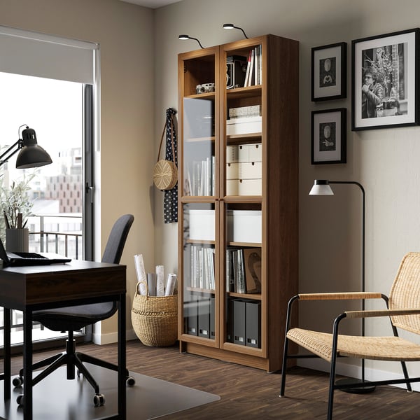 BILLY / OXBERG bookcase with glass doors, brown walnut effect, 80x30x202 cm