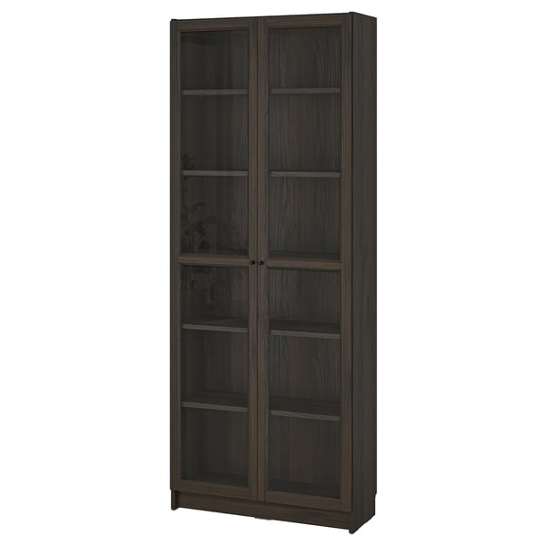 BILLY / OXBERG bookcase with glass doors, dark brown oak effect, 80x30x202 cm