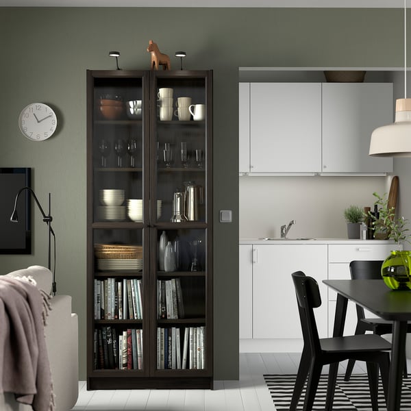 BILLY / OXBERG bookcase with glass doors, dark brown oak effect, 80x30x202 cm