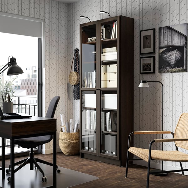 BILLY / OXBERG bookcase with glass doors, dark brown oak effect, 80x30x202 cm