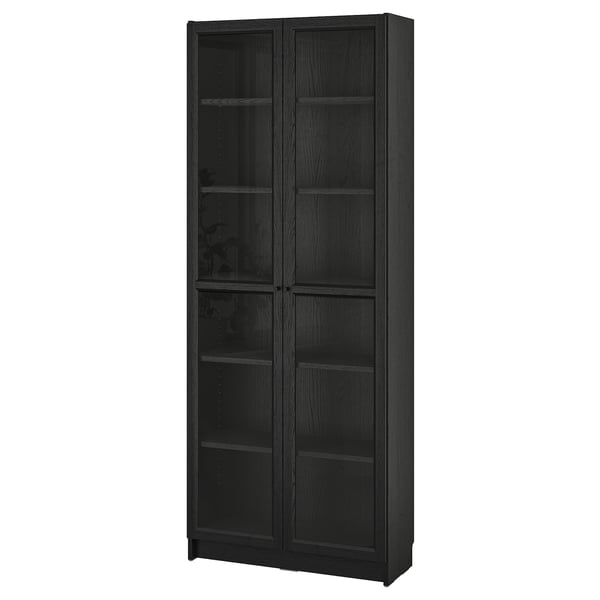 BILLY / OXBERG bookcase with glass doors, black oak effect, 80x30x202 cm