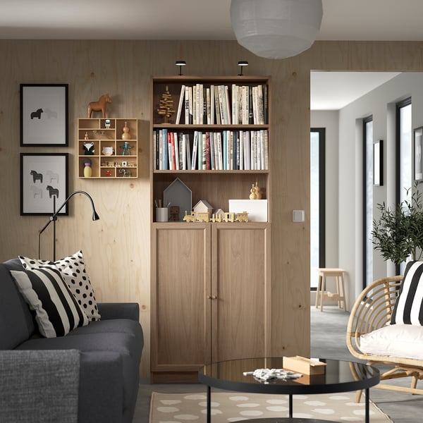 BILLY / OXBERG bookcase with doors, oak effect, 80x30x202 cm
