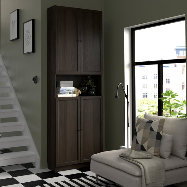 BILLY / OXBERG bookcase w doors/extension unit, dark brown oak effect, 80x30x237 cm